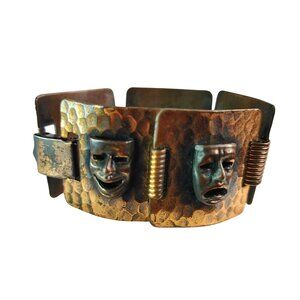 Vintage Hammered Copper Comedy & Tragedy Mask Panel Bracelet Link Drama Theater